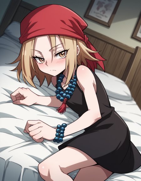score_9, score_8_up, score_7_up, source_anime,
annakyouyama, <lora:anna-kyouyama-2021-s1-ponyxl-lora-nochekaiser:1>,
anna kyouyama, blonde hair, short hair, brown eyes,
bandana, beads, black dress, dress, prayer beads,
indoors, bed, bed room, on side, blush, drunk,
looking at viewer, cowboy shot, solo, dutch angle