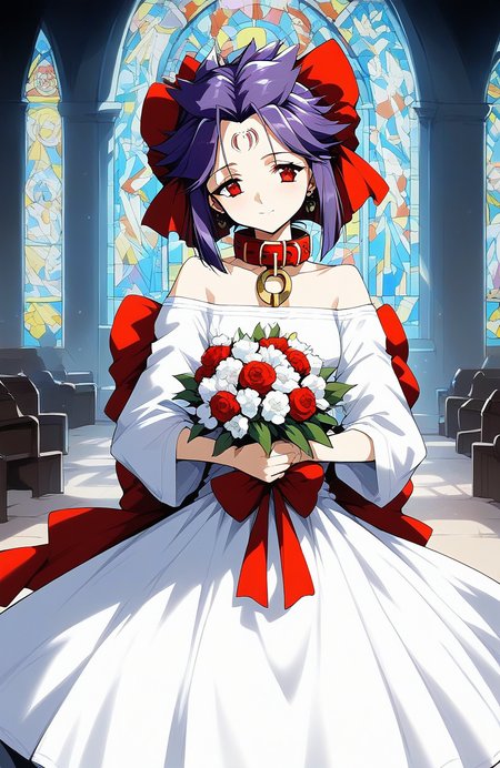 score_9, score_8_up, score_7_up, source_anime, rating_explicit, BREAK  <lora:kakurine_Ver2.1_XL:1> kakurine,  forehead mark, red eyes, purple hair, short hair, sidelocks, hair bow, red bow, collar, 
wedding dress, church, flower, bouquet, church, Stained glass,
holylight,