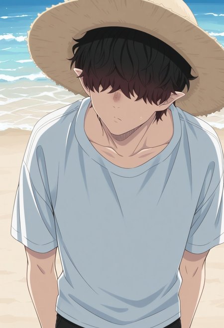masterpiece,best quality,amazing quality, source_anime, 
Warumonosan, 1boy, male focus, solo, pointy ears, hair over eyes, brown hair, straw hat, t-shirt, short sleeves,
outdoor, beach,