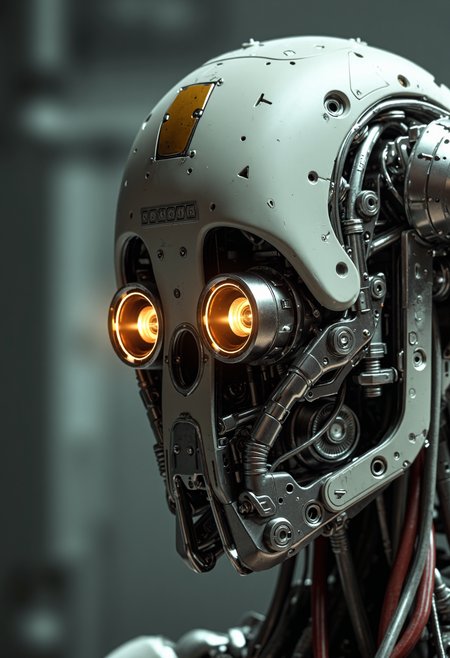 SCI_FACTOR_CORE Close-up on the CCTV head robot's mechanical details: exposed wires, intricate metalwork, and miniature camera-like eyes gleaming with warm, golden light. Framed by a blurred industrial cityscape or setting, emphasizing the robot's functionality and high tech technological prowess.
