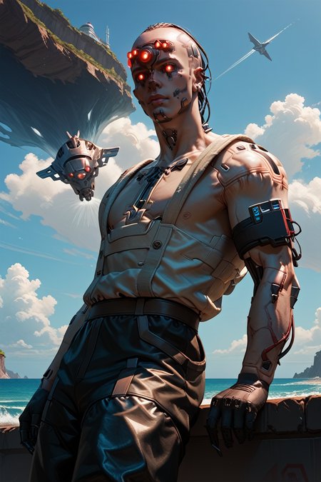 score_9, score_8_up, score_7_up, score_6_up
 <lora:CyberDumDum:0.8>
CyberDumDum, 1boy, cyborg, red eyes, extra eyes, cyberpunk, looking at viewer, standing on a cliff overlooking the ocean, wearing a flowing white linen shirt, wind blowing dramatically, powerful waves below, ethereal and majestic