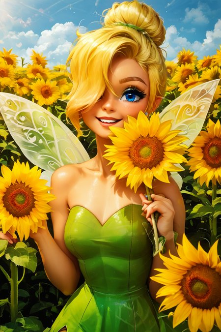score_9, score_8_up, score_8, medium breasts, (curvy), cute, eyelashes,       BREAK, , BREAK, TinkerWaifu, fairy wings, blonde hair, blue eyes, green dress, sexy, hair bun,, <lora:tinkerbellPonyXL_character:0.8>,, zzSunflower, upper body, outdoors, hand up, portrait, one eye covered, yellow flower, holding flower, <lora:Sunflower_PDXL_v2:0.8>, <lora:Puppypaww_Style_PDXL_v2:0.8>, BREAK,  smile, looking at viewer, cowboy shot,  embedding:zPDXL, Expressiveh, <lora:SDXLFaeTastic2400:0.5>,  <lora:Expressive_H-000001:0.4>,