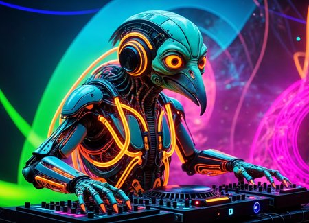 Ombre color scheme of neon orange, neon pink, neon blue, neon yellow, neon green, biomechanical cyberpunk psychedelic style cute weird (alien|penguin) creature DJing (at a rave:1.1)  (giant speakers:1.2) (crowd distant background:1.15) (bokeh volumetric lighting, fog:1.1)  <lora:fx-monsters:0.35> fx-monsters  <lora:add-detail-xl:1> <lora:sss:0.8> <lora:xl_more_art-full_v1:0.35> <lora:The_Dark_Side_Of_The_Future:0.25>  <lora:vibracol:0.5> vibracol, subsurface scattering, Photorealistic, Hyperrealistic, analog style, realistic, film photography, soft lighting, heavy shadow . vibrant colors, swirling patterns, abstract forms, surreal, trippy . cybernetics, human-machine fusion, dystopian, organic meets artificial, dark, intricate, highly detailed