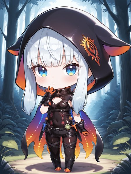 chibi, namielle armor, 1girl, solo, long hair, white hair, blue eyes,  looking at viewer, hand on own chin, blush, closed mouth,  standing, knife sheath, sidelocks, blue hair, orange tentacle cape, black hood, black gloves, black shorts, black thigh boots, black thighhighs, black bodysuit, waving, forest
masterpiece,best quality,amazing quality,very aesthetic,absurdres,newest,<lora:Namielle Beta Armor illuXL v1:0.75>,