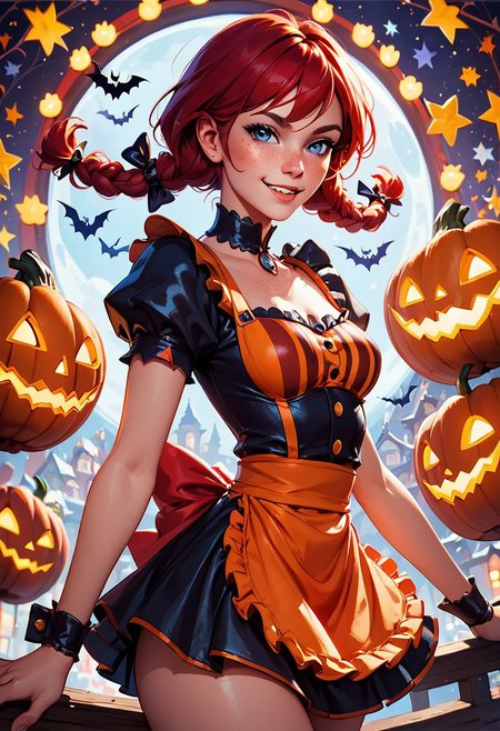 score_9, score_8_up, score_8, medium breasts, (curvy), cute, eyelashes,   
BREAK, , 
(Halloween), pumpkins, 
,🎃,
zzwendy, red hair, blue eyes, apron, bow, hair bow, sidelocks, striped, smug, orange and black outfit, 
,🎃,
smile, looking at viewer, cowboy shot,  zPDXL,