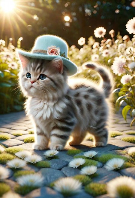 ral-fluff,<lora:ral-fluff:1>,
chibi,masterpiece,best quality,original,official art,silver metallic maincoon cat,hat,flower,blurred background,rendering,beautiful detailed glow,(detailed ice),beautiful detailed sun,sunny, blurred flower, happy