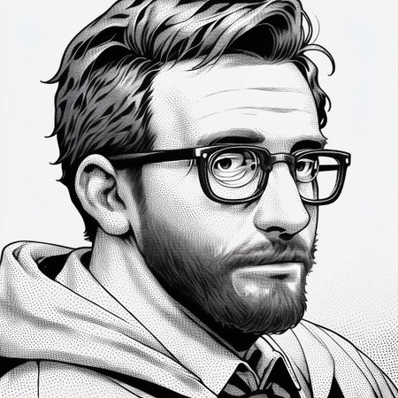 score_9, score_8_up, score_7_up, 1boy, glasses, solo, male focus, beard, facial hair, white background, hood, simple background, upper body, halftone, stippling, stippling drawing, stippling style,