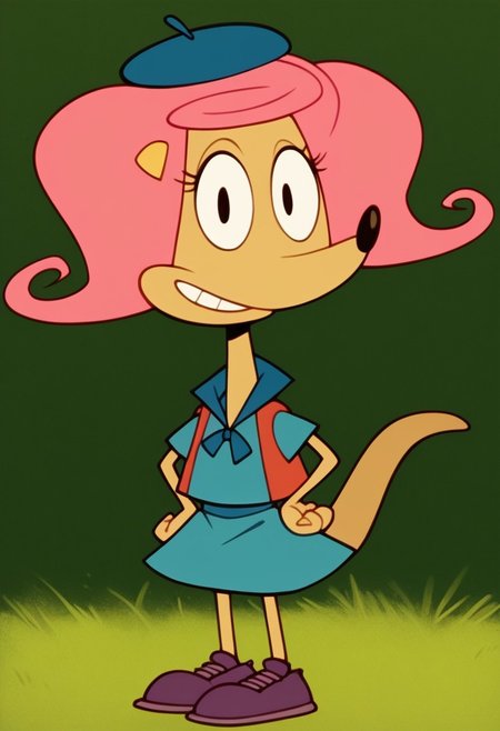 score_9,score_8_up,score_7_up, score_6_up, Score_5_up, Expressiveh, perfect eyes, (detailed face and eyes:1), source_cartoon, looking at viewer, perfect teeths, 1 girl, solo, furry, Colored, puffy nipples, Venus body, small stature, thick thighs, narrow waist, (hands on hips), standing, perfect eyes, head on, front pose, full body, clothes, dressed, open eyes, smile, small breasts, big ass
BREAK: in a forest, sunny, clouds, yellow grass
BREAK 1girl, solo, furry, Patsy_CL, tail, black eyes, bright pink hair,  blue green beret, blue green dress, red vest, dark purple shoes, cute