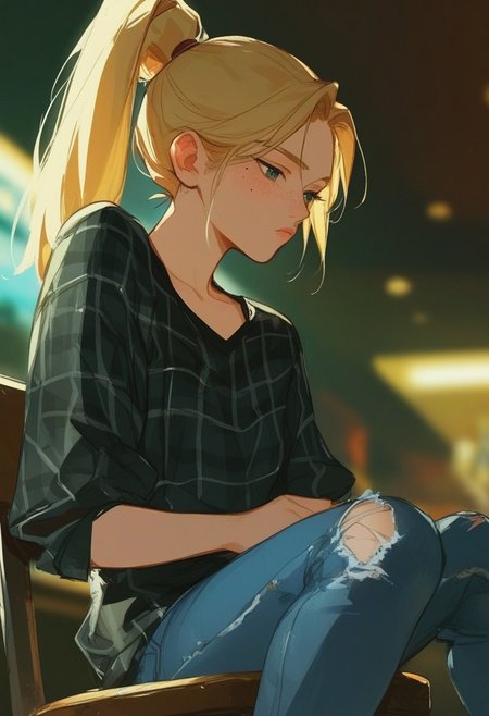 score_9, score_8_up, score_7_up, score_6_up, score_5_up, score_4_up, 2d, anime, manga, girl, Tied hair, black suit, black shirt, Cold expression, expressionless, dismal, gloomy, face clearly visible, rare angle, dutch angle, semi-realism, flat colors, enhanced anime, noise effect, sharp details, , VHS, 
BREAK 
girl in knotted shirt, 1girl, solo, denim, shirt, torn pants, jeans, pants, blonde hair, freckles, plaid shirt, mole, torn clothes, mole under eye, ponytail, torn jeans, long hair, bar background, blurry background, dust, American, sitting on stool chair, cowgirl, beautiful, attractive woman, dynamic angle, darkness,