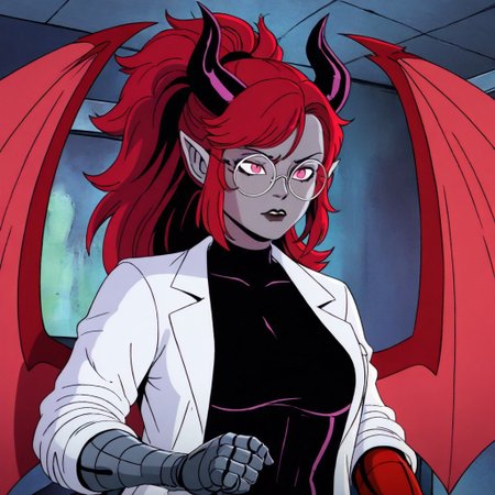 masterpiece, best quality, newest, absurdres, highres, 
X-1990STV1.0, 
1girl, succubus, grey skin, goth, goth girl, goth makeup, grey colored skin, red hair, demon girl, horns, wings, bat wings, demon wings, red wings, lab coat, coat, single mechanical arm, glasses, round glasses, ponytail, high taied ponytail, side bangs, pink eyes, prosthesis, prosthetic arm, medium breasts, pointy ears, 