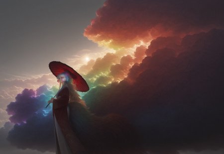 masterpiece, best quality, absurdres,hyper realistic,detailed eyes,
1 female solo,((((Cloud hair)))),long hair,blue eyes,kitsune tails,white kimono,red sleeves,golden embroidery,
wide shot,from side,feet out of frame,low angle,
looking to the left,sun umbrella,washi umbrella,multicollored umbrella,red umbrella,black umbrella,

white background, ((((huge fluffy Clouds)))),((((rainbow gradient cloud))))