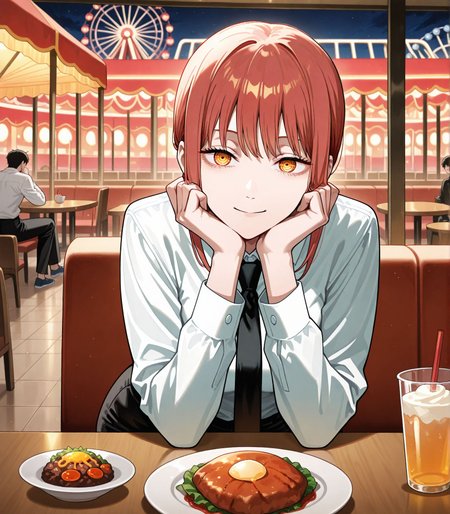 masterpiece,best quality,anime coloring,anime screenshot,
<lora:add-detail-xl:0.5>
<lora:sugar_dating:0.5>sugar_datingV1,
1girl,head rest, pov,table, food, solo,
amusement park, restaurant, 
BREAK
white shirt, necktie, black pants, 
makima \(chainsaw man\), 
chainsaw man,official style,  official art, 
20YO, milf,adult couple,