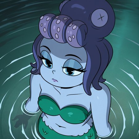 masterpiece, best quality, amazing quality, highres, absurdres,  <lora:Calamaria_Cuphead_Show:1>, cala1, mermaid, octopus hat, bra, blue eyes, water, partially submerged, looking at viewer, expressionless, purple skin, from above, angle shot,