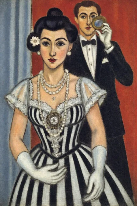 henrimatisse1 painting. 
pierreaugusterenoir1. A couple at the Opera house. A woman dressed in a black and white striped dress with lace details and a large brooch at the center is adorned with multiple strands of pearls and white gloves. Her hair is styled in an updo with a flower accessory. She is looking directly at the viewer. Behind her, a man dressed in a formal suit, looking upward with an opera glass. A curtain or drape is visible on the left side.  <lora:henrimatisse1_f16e11:1.0><lora:870962220136139843:0>