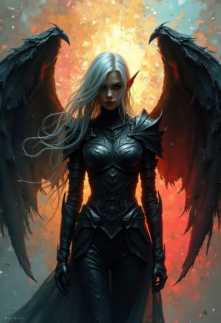 Thr focus is on a female silver haired demon hunter whose armor is partially fractured and shattered like it was glass. The backdrop is composed of different colors transitioning from warm reds and yellows near the center to calming blues and greens toward the periphery. The backdrop is centered behind the subject. The colors are separated by metallic fractures, creating a glowing mosaic effect. The colors of the backdrop are most intense near the center. The backdrop is partially shattered like glass. The subject itself is a stark and gloomy silhouette, contrasting beautifully against the vibrant, light-filled fragments surrounding it. The hunter has black angelic wings attached at the hip, but they are not the focus. Emphasis is placed on the hunter and the backdrop. The hunter is armed and about to fight.