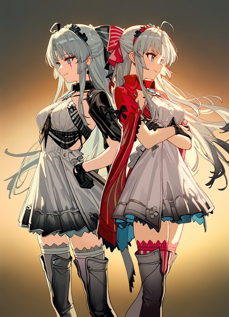 (masterpiece,best quality), 2girls, simple background, smile, closed mouth, standing, facing to the side, rei \(sanbonzakura\), torino aqua, (ciloranko:0.9),
carlotta, pink hair bow, black gloves, pink thighhighs, hand on own hip,
carlotta alter, black hair bow, black gloves, grey thighhighs, thigh boots, crossed arms, <lora:carlotta-wwIL-v1a-000007:0.9>