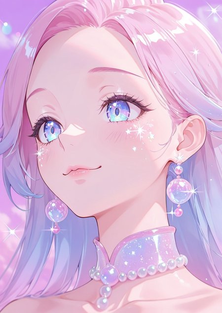 masterpiece, best quality, amazing quality, very aesthetic, absurdres, newest, (scenery, volumetric lighting), 
1girl, solo, close-up portrait, pastel pink and lavender gradient hair, luminous galaxy eyes, porcelain skin with a dewy glow, celestial freckles sparkling across her cheeks, delicate pearl earrings, soft smile, dreamy expression, background of blurred pastel clouds and floating sparkles
, <lora:Ethereal_Aesthetic_illustrious:1>,