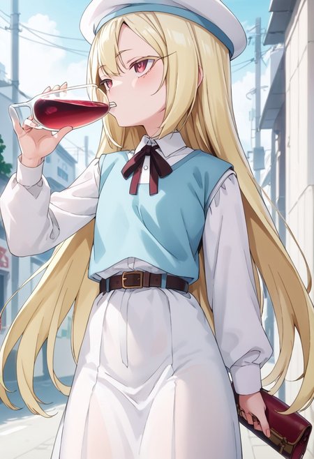 score_9, score_8_up, score_7_up, score_6_up, korisu, long_hair, blonde_hair, neck_ribbon, beret, collared_shirt, white_shirt, blue_vest, white_pantyhose, belt, pink_eyes, drinking, holding wine bottle, wine flows down the body