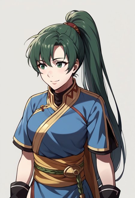 score_9, score_8_up, score_7_up, source_anime BREAK 1girl, solo, <lora:zs_AwakeningPortraitsXL:1> awakeningportraits, portraits, white background, <lora:lyn-pdxl-nvwls-v1-000005:1> defLyn, green hair, high ponytail, blue dress, short sleeves, sash, side slit, fingerless gloves, big breasts, light smile