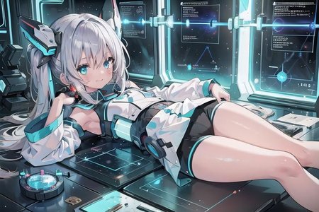 (masterpiece), (science fiction:1.4), 1girl, lying on the back on a mirror, lying on the back on a mirror, lying on the back on a mirror, smile, silver hair, aqua eyes, headgear, long sleeves, detached sleeves, glowing energy clothing, light particles, energy particles, perfect hands, perfect legs