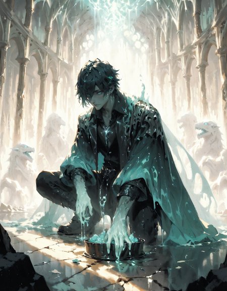 score_9, score_8_up, score_7_up, score_6_up, score_5_up, score_4_up,   Liquid metal flowing out of a broken container, swirling and gathering on the floor, solidifying into the shape of a person silhouette, homogeneous body, glowing. Niji Stan Katayama style.