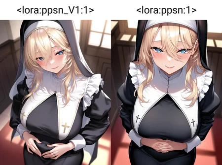1girl, solo, long hair, breasts, looking at viewer, blush, blue eyes, large breasts, blonde hair, long sleeves, dress, frills, indoors, mole, black dress, mole under eye, veil, long bangs, nun, habit, traditional nun
closed-up, seductive smile, hands on stomach, facing viewer, from above, 
masterpiece, absurdres,
 <lora:ppsn_V1:1>