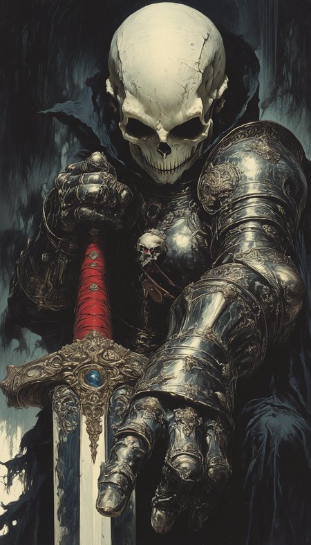 masterpiece, absurdres, narrative-rich composition, A dark detailed digital painting of a knight with a skull head in ornate armor. Sword, Gauntlet, Smile, dramatic shadowy background, foreshortening
