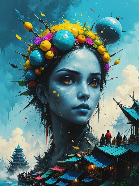 [Mind-upload civilization in digital utopia:Floating market in airship city:0.5], ultra-fine digital painting, <lora:xl_more_art-full_v1:0.3>,  <lora:Desolation:0.6> <lora:gorgoeus_splash_of_vibrant_paint:0.7> Gorgeous splash of vibrant paint