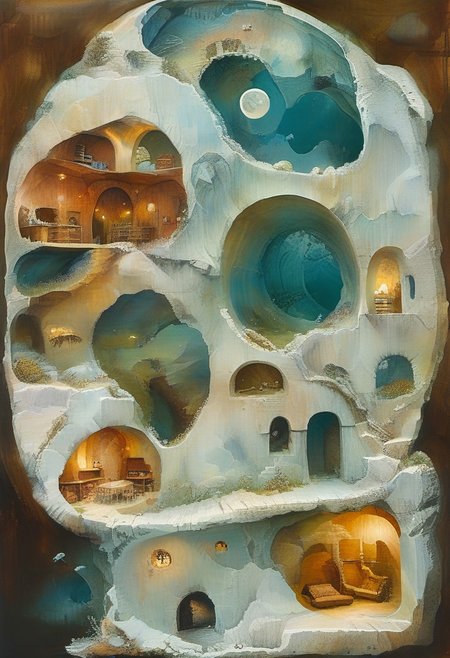 (colorized illustration), depicting the inside of a burrow that functions as a the cozy dwelling of a sentient hedgehog.
