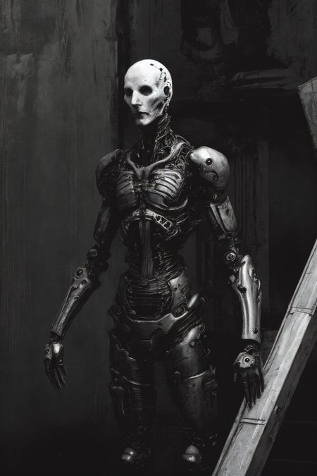(humanoid with a white synthetic skin face full of cybernetic implants), (thick dark leather coat with neck cover:1.3), (cross tattoo only on forehead:1.3), 1guy, blue sky, cloud, collarbone (looking at viewer and smiling:1.2), (white reflective eyes:1.1), sky, solo, upper body, ((masterpiece)), (smirk512:1.3), (synth goth cyber armor with metal plates:1.3), (thick stretched neck guard made out of body pipes:1.2), <lora:epiNoiseoffset_v2:1>, (masterpiece), (best quality), (high resolution), hyper detailed, detailed_background, cables, dim light, vast, space age architecture, communism architecture
OrganicBiomArt, <lora:bodhor:0.4> <lora:Blame!:1>
((environment falling apart)), (catastrophic failure), ((action shot))
