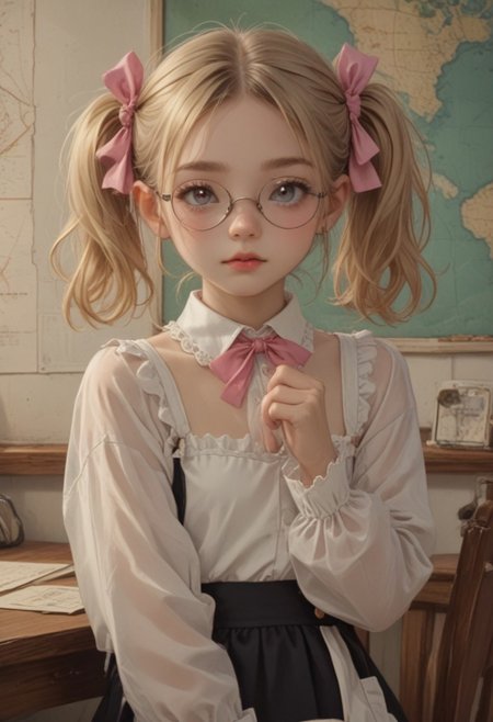 masterpiece,best quality,amazing quality, score_9, score_8_up, score_7_up, ultra sharp, beautiful face
Olya znaykina, blonde hair, twintails with pink bows, round glasses, black short minidress, white apron, shoes with white socks 
, cute, 
, detailed eyes, 
Cowboy shot, view legs,
Desk, chair, map, blackboard,