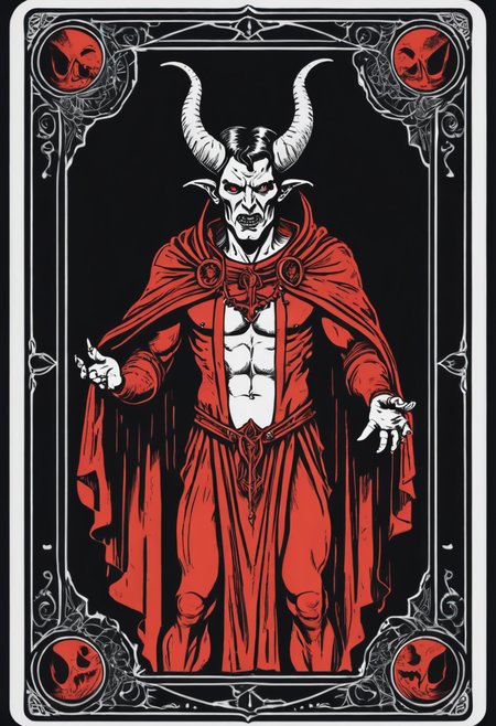 tarot card, satan, front perspective, black background, flat, frame, square, white outline