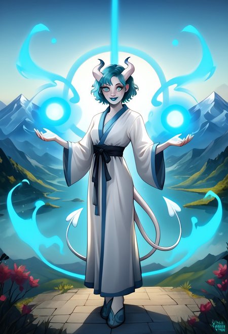 Solo, full body, female, Tiefling, pointed ears, short white horns, light blue tipped horns, colored sclera, smiling, cute face, freckles, ghostly white skin, short teal hair, blue lipstick, blue eye makeup, teal eyes, long demon tail, triangle tip tail, tail, sorcerer, light blue sorcerer robe, Aura, light blue energy, glowing, swirling energy, dynamic pose, scenery, mountain, white tail, black pupils