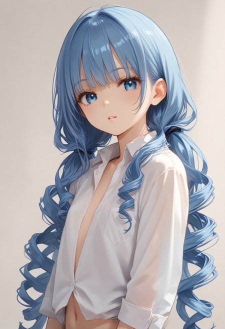 score_9, score_8_up, score_7_up, score_6_up, score_9, score_8_up, 1girl, very long blue hair, bangs, curly pigtails, slim body, small chest, mole, parted lips,  looking at viewer, standing, school unifoem, unbuttoned shirt, short hair, gradient, gradient background, solo, upper body.