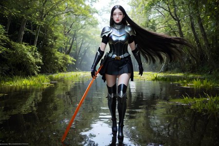 highly insanely detailed, masterpiece, top quality, best quality, highres, 4k, 8k, RAW photo, (very aesthetic, beautiful and aesthetic),  
beth_\(megami_tensei\),bethsmtii,shin megami tensei ii,long hair,black hair,straight hair,sleek black,jewelry,cross,headband,red_lipstick,white footwear,white gloves,long white gloves,heeled_boots,armored_heels,elbow gloves,elbow pads,thigh boots,breastplate,holy_knight,holy_knight_armor,katana,sword, 
<lora:zs_Beth:0.3>, 
(1girl:1.3), 1other, 
A mystical swamp with dark waters and thick vegetation,(pure orange background,transparent background:1.2),âââ