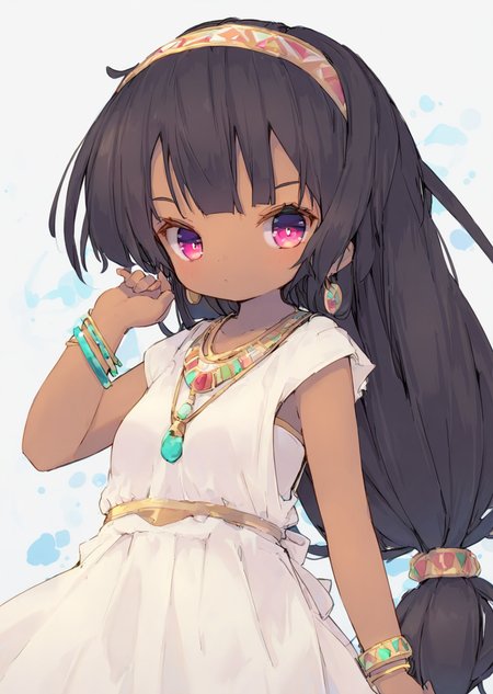 <lora:nep250131:1>,nep,1girl,solo,long hair,dark-skinned female,dark skin,black hair,dress,looking at viewer,jewelry,low-tied long hair,hairband,bracelet,cowboy shot,hand up,white dress,closed mouth,very long hair,<lora:NOOB_vp1_detailer_by_volnovik_v1:1>,<lora:noobai_ep11_stabilizer_v0.138_fp16:1>,