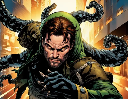 <lora:{martoonia, }martoonia:0.85> martoonia, A dynamic, comic book-style illustration of Doctor Octopus, a supervillain from the Marvel universe, with a menacing scowl on his face, his four mechanical arms stretched out in different directions, each tipped with sharp, claw-like appendages. His skin is pale, with a subtle sheen of sweat, and his brown hair is disheveled, falling across his forehead in unkempt strands. His eyes blaze with intensity, a piercing brown that seems to bore into the viewer. He wears a classic green and yellow costume, torn and tattered in places, with a distinctive bulbous helmet that covers the top of his head, complete with a pair of glowing red optics. The lighting is dramatic, with deep shadows accentuating the contours of his face and the mechanical arms, and a warm, golden glow highlighting the metallic surfaces. The background is a blurred, urban landscape, with skyscrapers and city streets whizzing by in a colorful smear, giving a sense of motion and energy to the scene. The shot is a wide-angle, action-oriented view, with Doctor Octopus placed squarely in the center, his mechanical arms radiating outwards like a dark, metallic star. The image features a bold, graphic style, with thick lines, vibrant colors, and a mix of digital and traditional media textures, giving it a dynamic, kinetic feel. The overall mood is one of high-energy action, with a sense of tension and menace hanging in the air. 8k highest resolution with sharp intricate details. . 35mm photograph, film, bokeh, professional, 4k, highly detailed