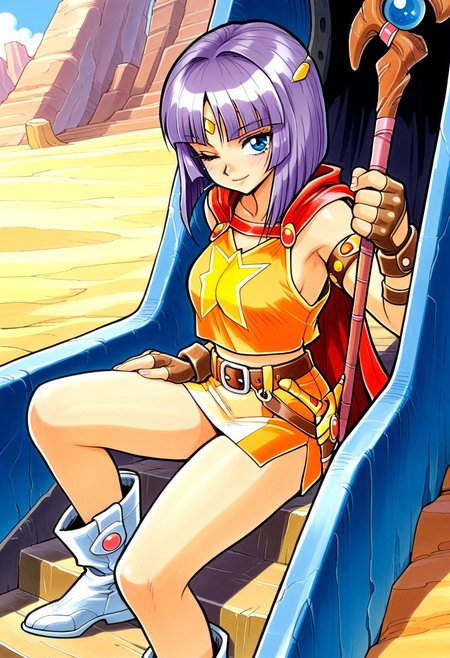 masterpiece, best quality, amazing quality, very aesthetic, absurdres, newest,glorffl3, 1girl, (medium hair, blunt cut, purple hair, gold circlet:1.2), blue eyes, orange crop top, red cape, miniskirt, belt, sheathed sword, slide slit, brown fingerless gloves, white boots, holding staff, view from the side, looking at viewer, wink