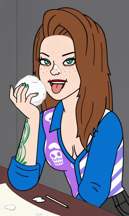 AddXL,Perfect Hands, score_9, score_8_up, score_7_up, score_6_up, score_5_up, score_4_up, show accurate style, source_cartoon , flat colors, sarahlynn, 1girl, brown hair, solo, long hair, freckles, collared shirt, graphic shirt, , arm tattoo, cleavage, aqua-green eyes, looking at viewer, upper body only, from side,  tongue out,playful, leaning forward, (white powder on nose:1.3), standing, dark room, dim lighting, sitting at table,