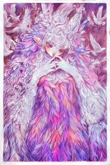 (dove, flying),
tall female, traditional_media, 1girl, kemonomimi, [abstract background], furry, dove girl, animal ears, tall ears, pointy ears, solo, blush, embarrassed, long pearlescent hair, looking away, looking down, head tilt, wispy bangs, iridescent eyes, lavender eyes, feather dress, long arms, white claw hands, thin arms, upper body, three-quarter profile, white eyebrows, thick eyebrows, thick eyelashes, long eyelashes, long white fingernails, hand on own cheek, hand on own chest, coy, magical realism, too many feathers, feather background, moss background, purple theme, white messy border, powdered skin, good quality, absurdres, <lora:Yogisya_illustriousXL:1.0>  <lora:illustriousXL_stabilizer_v1.23:0.85>
