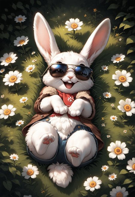 masterpiece, score_9_up, score_8_up, score_7_up, score_6_up, source_furry, (best quality:1.1), ultra-detailed, high resolution, highly detailed macro illustration, (sfw), solo, BREAK feral rabbit, albino, paws, white fur, whiskers, rabbit ears, tail, (sunglasses:1.3), (happy expression, cute face:1.4), :3. buck teeth, (brown jacket:1.4), (red scarf:1.1), (shorts:1.2), fur hood BREAK outside, lying on the grass, forest, flowers, spring, (daisies:1.3) happy atmosphere BREAK sharp focus, perfect lighting, anatomically correct, extremely detailed, high detail, detailed background, OverallDetail, zPDXL3