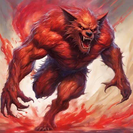 werewolf, shapeshifter, transforming, metamorphosis, dynamic pose, colorful, vivid colors, detailed, best quality, masterpiece, humanoid, evil, concept art, epic, furious, red eyes