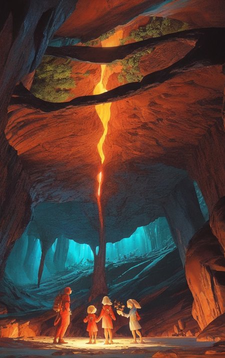 artwork <lora:Moebius:1>,, Extreme Wide Shot of a family, rainbow valley, cave coral,nighttime wonder,boulevard