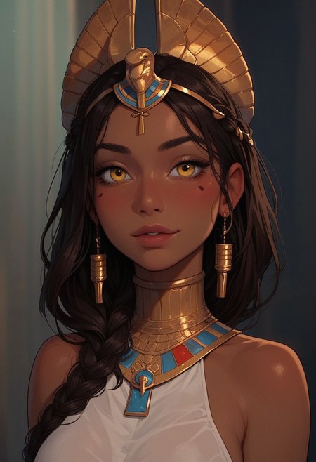 score_9_up, score_8_up, score_7_up, score_6_up, 1girl, 25 years old, perfect face, cute, petite, 
yellow eyes, 
detailed face, portrait, face focus, depth of field, looking at viewer, blush, shy smile, (close up), 
yellow eyes, 
dark-skinned female, dark skin, 
brown hair, long hair, single braid, sidelocks, hair ornament, jewelry, headpiece, 
ancient Egyptian, ancient egyptian clothes, white dress, revealing clothes, 
bare shoulders,
gold,