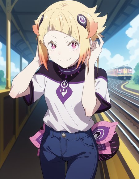score_9, score_8_up, score_7_up, source_anime, <lora:capella-emerada-lugunica-s3-p1-ponyxl-lora-nochekaiser:1>, capella emerada lugunica, short hair, blonde hair, hair ornament, pink eyes, multicolored hair, gradient hair,, shirt, t-shirt, white shirt, pants, denim pants,, railroad tracks, rails, train, journey, long, smile, <lora:tucking-hair-ponyxl-lora-nochekaiser:1>, tucking hair, adjusting hair, hand on own hair, hair behind ear,, looking at viewer, solo,, dutch angle, cowboy shot