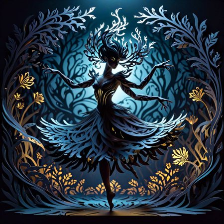artpkplnt, illustration, dancer in the dark, 4k, uhd, warlock, masterpiece, Artpprct, in the style of papercutting