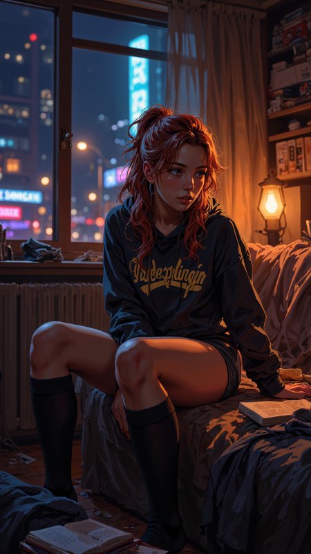 High-resolution anime-style illustration with impressionistic influences, warm painterly textures, and a dreamy, intimate atmosphere. A young woman sits on the edge of a worn-out couch in a dimly lit apartment, bathed in the soft glow of a flickering neon sign outside the window. The room has a cozy but messy feel, with scattered clothes, open books, and tangled headphone cords lying around, giving it a lived-in, youthful energy. The city skyline outside blurs into a painterly haze, distant lights casting faint reflections on the windowpane.
Her long, wavy auburn hair, styled into an effortless messy ponytail with loose strands, frames her soft, thoughtful expression. She wears an oversized graphic hoodie with the sleeves slightly pushed up, paired with snug boyshorts and knee-high socks, giving her a relaxed, carefree look. Her posture is casual, one leg folded under her, the other lightly bouncing, as if lost in thought.
The apartmentâs warm and cool tones blend through soft, expressive brushstrokes, capturing the contrast between the neon city glow and the ambient light of the cluttered space. The faint hum of traffic, the distant sound of a passing train, and the soft rustle of a breeze through the slightly open window add to the intimate, nostalgic atmosphere of a quiet night alone. <lora:oilpaintzver5:0.8> <lora:ILLUSTRATION_(FLUX)_-_V3.1:0.4> <lora:Anime_v1.3:0.6>