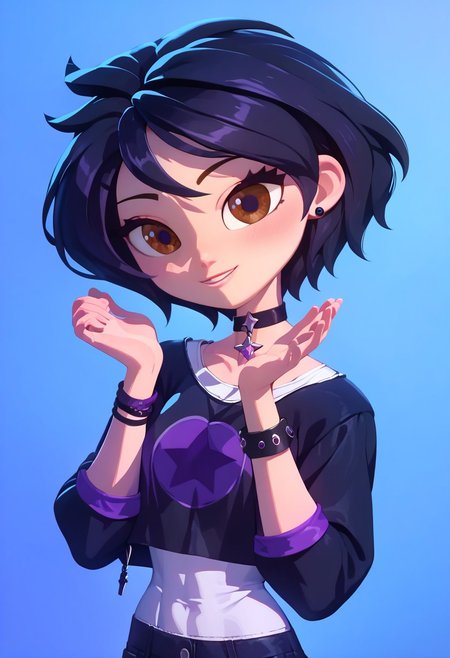 score_9, score_8_up, score_7_up, 1 girls, Kira, mangamaster artstyle , looking at viewer, detailed eyes, chocker, hot woman, petite body, brown eyes, two-tone purple and black hair,  bracelets, thin eyebrows,  cute pose, white t-shirt, black jacket,,purple  star symbol