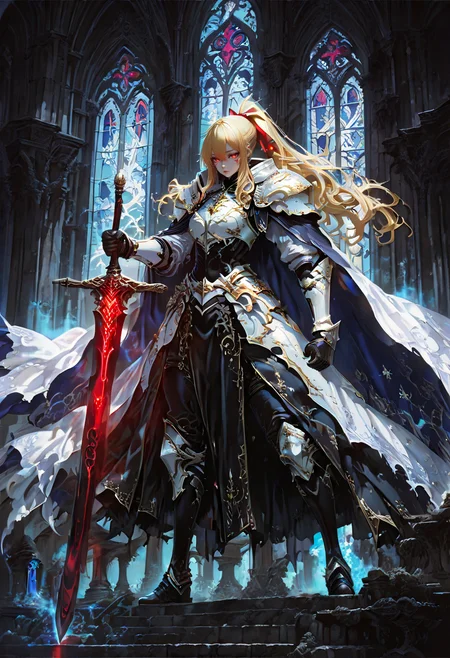 <lora:kaelaIL:0.55> kaelaIL, long hair, red eyes, (yellow hair:1.5), glowing eyes, greatsword,
white armor, ponytail, black dress, white sleeves, red ribbon, black gloves, black boots, holding sword, glowing sword, blue glow, gothic architecture, stained glass window, cathedral, dynamic pose, action, fantasy, detailed background, intricate design, dramatic lighting, high contrast, dark colors, light blue accents, intricate patterns, flowing dress, fantasy setting, intense expression, powerful stance, ethereal atmosphere, detailed textures, vibrant colors illustrious style, holding, glowing weapon, blue theme, weapon, goth fashion, architecture, solo, hair ribbon, sword, gloves, ribbon, glowing, holding weapon,
A female character in a fantasy setting. she is wearing a black and white outfit with a cape that is flowing in the wind. the character has long blonde hair and red eyes, and is holding a sword in her right hand. she appears to be flying through the air with a determined expression on her face. the background of the image is filled with intricate patterns and designs in shades of blue, purple, and pink. there are also several large, ornate structures that appear to be made up of triangles and crystals. the structures are arranged in a way that creates a sense of depth and dimension, and they are overlapping each other, creating an illusion of depth. the overall effect is one of power and strength.
<lora:hina_MixArmor_x215c:1> fantasy armor, holy armor
