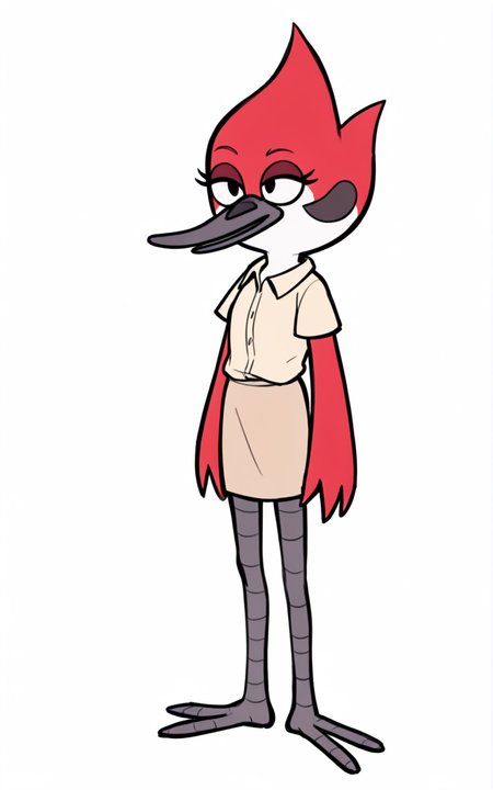 best quality, absurdres,full body, <lora:BolivanteStyleITS:0.8>, <lora:MSRSITS:0.8>, MSRSITS,  bird legs, black legs, skirt, beige skirt, shirt, beige shirt, short sleeves, collared shirt, bird, black eyes, red skin, red feathers, feathers, white skin, black skin, multicolored skin,slim, standing, white background, long beak, furry female, looking at viewer
